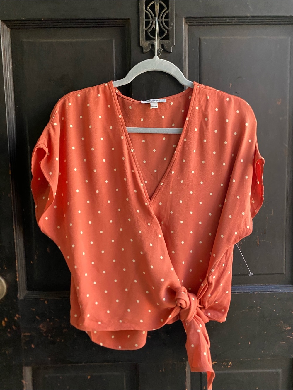 Madewell Rust Polka Dot Tie-Front V-Neck Blouse